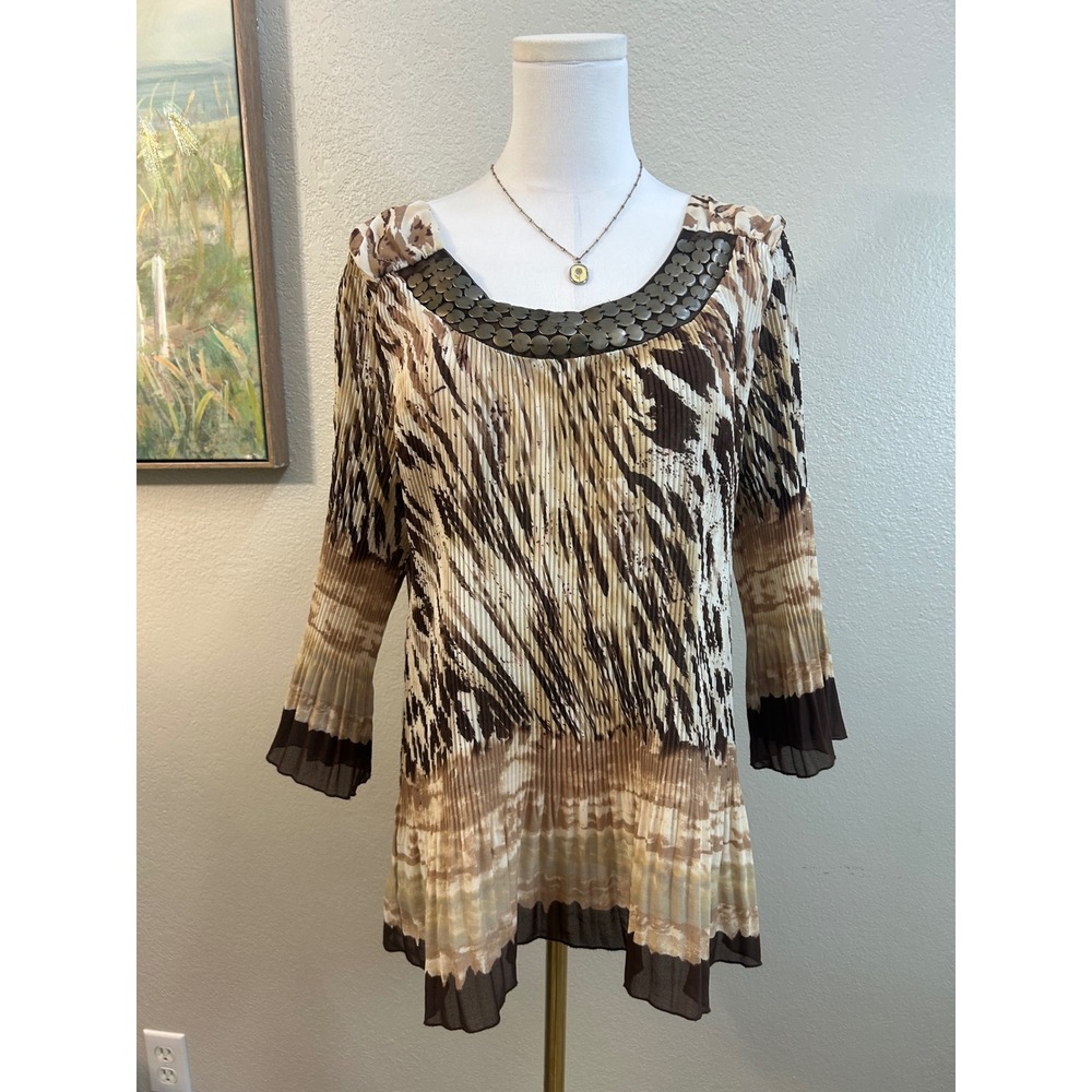 Brown Animal Print Abstract Pleated Metallic Neck Neutral Earth Tone Blouse  XL